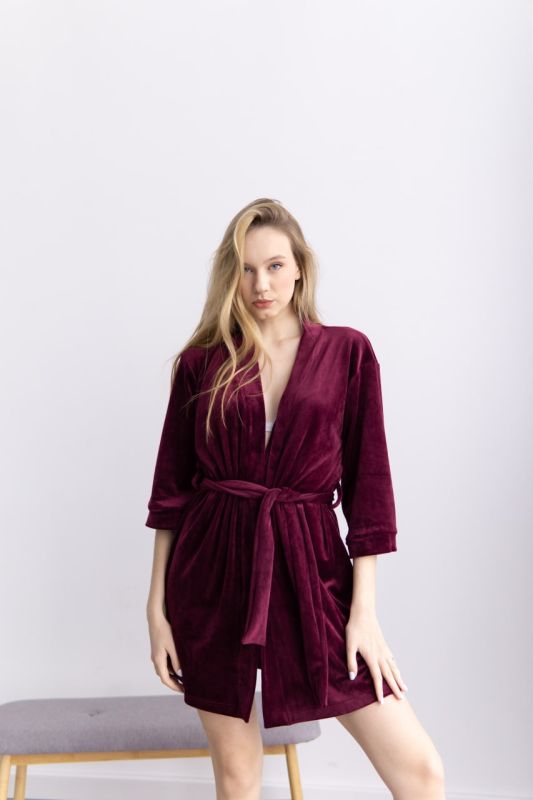 Велюровий халат жіночий з поясом 008-21-2 бордо