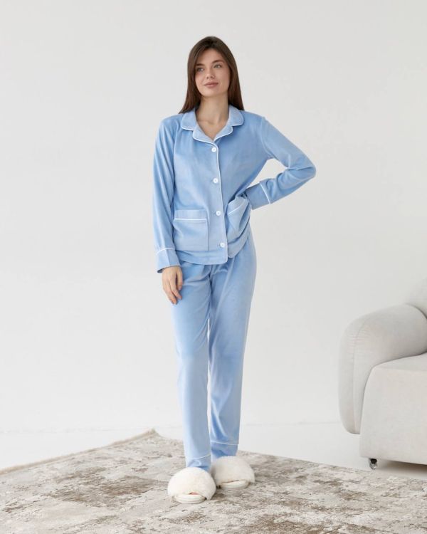 Велюрова піжама на ґудзиках жіноча 098-22 блакитний