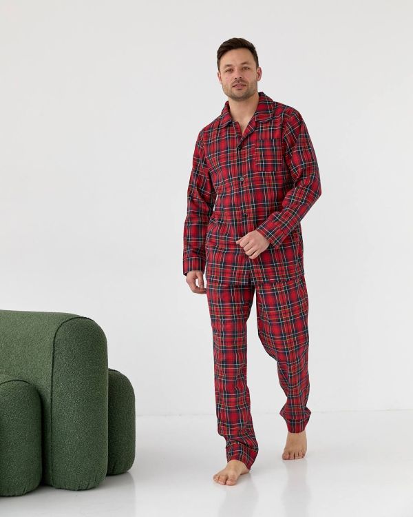 Чоловіча котонова піжама у клітинку 037-21 червона з жовтим