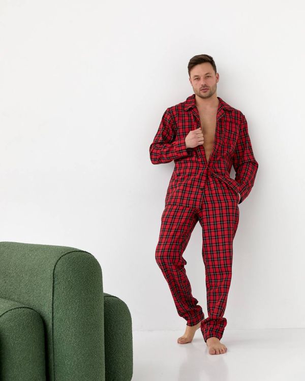Чоловіча котонова піжама у клітинку 037-21 вишнева