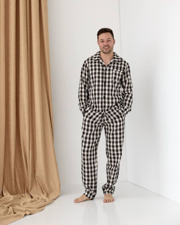 Чоловіча котонова піжама у клітинку 037-21 молочна