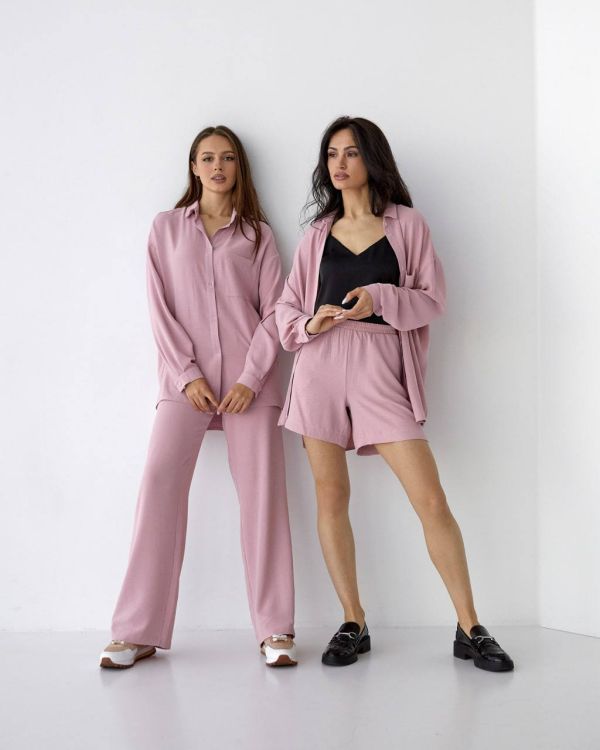 Стильний костюм-трійка з жатки 085-22 рожевий