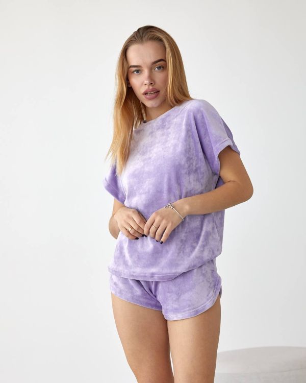Пижама женская велюровая шорты и футболка 006-21 лаванда