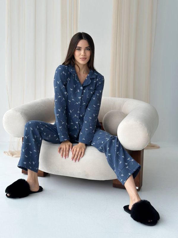 Муслінова піжама жіноча зі штанами 143-23 кульбаба синя