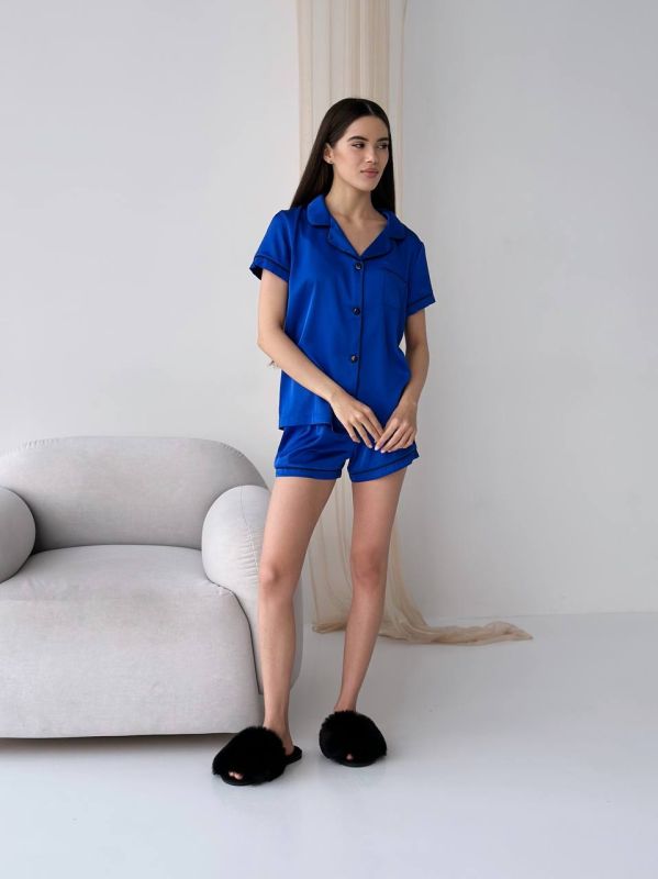Шовкова піжама жіноча з рубашкою та шортами 014-21 електрик
