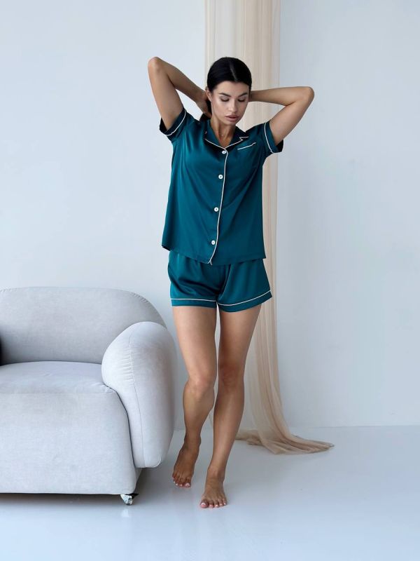 Шелковая пижама женская с шортами и рубашкой 014-21 бирюза