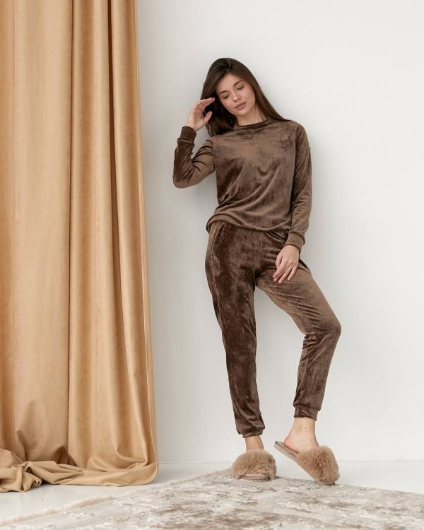 Спортивний велюровий жіночий костюм з карманами 010-21 коричневий