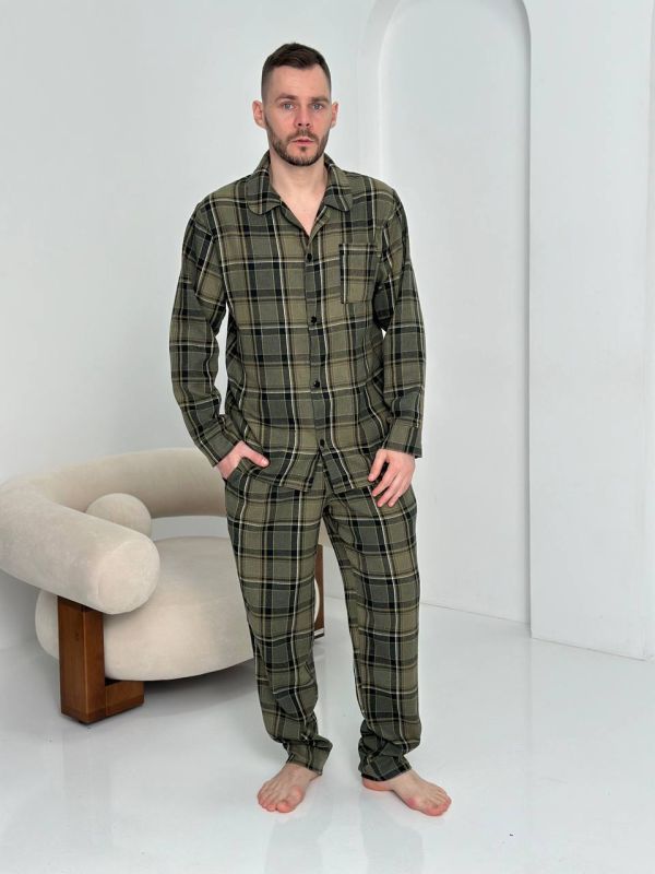 Чоловіча котонова піжама у клітинку 037-54-11 зелена