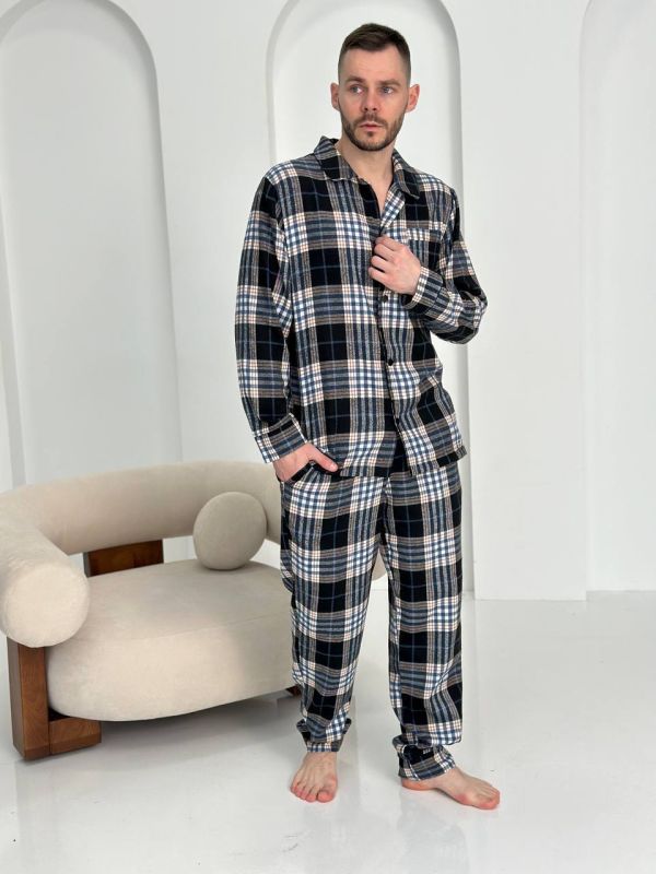 Чоловіча котонова піжама у клітинку 037-56-11 сіра з синім