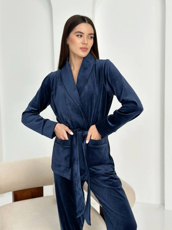 Жіночий домашній костюм велюровий (штани і кофта під пояс) 065-21 синій чк