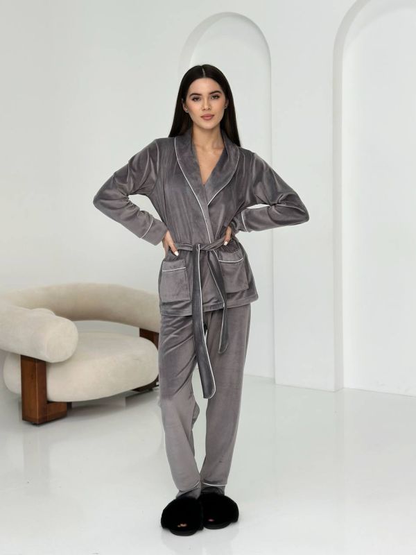 Жіночий домашній костюм велюровий (штани і кофта під пояс) 065-21 сірий
