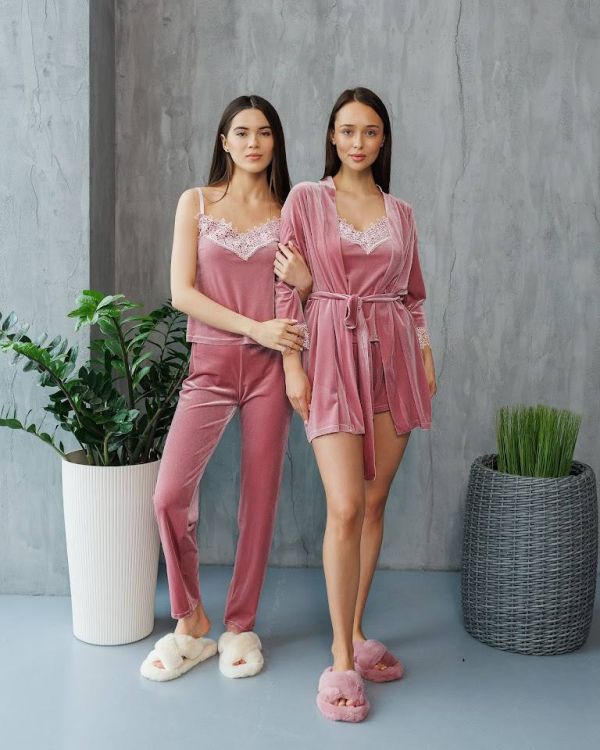 Жіноча піжама четвірка (штани, майка, халат та шорти) 066-21 пудра