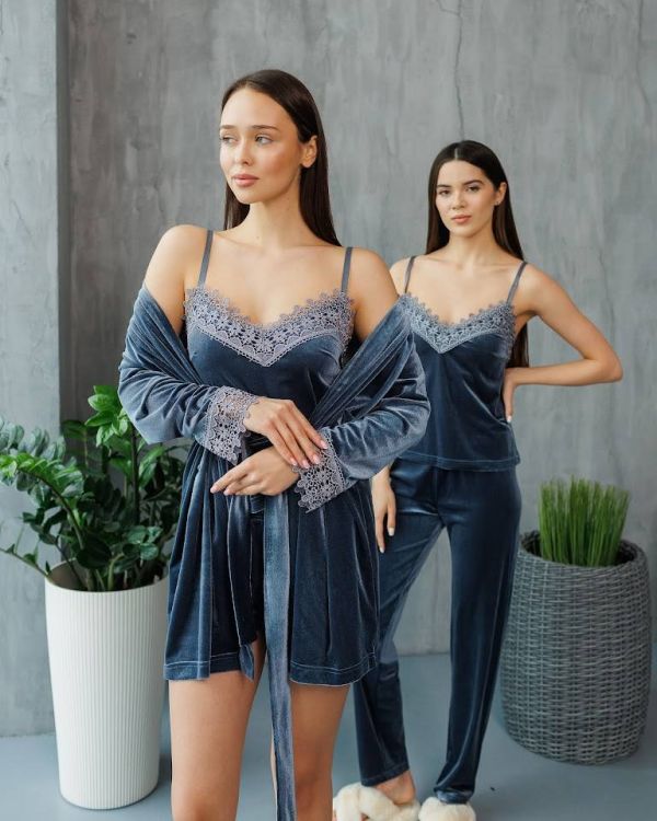 Жіноча піжама четвірка (штани, майка, халат та шорти) 066-21 сіро-голубий