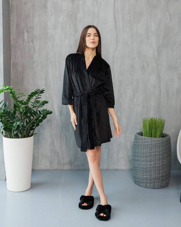 Велюровий халат жіночий з поясом 008-21-1 чорний
