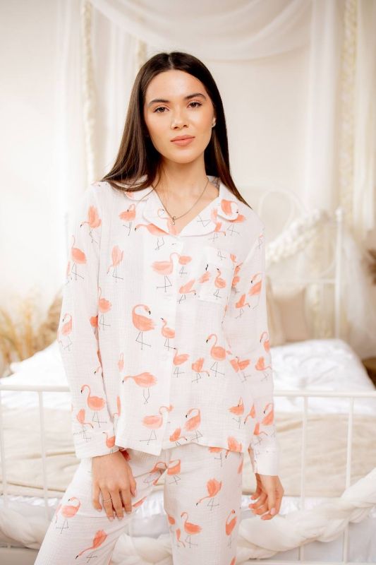 Жіночий піжамний комплект з мусліну 143-23 фламінго