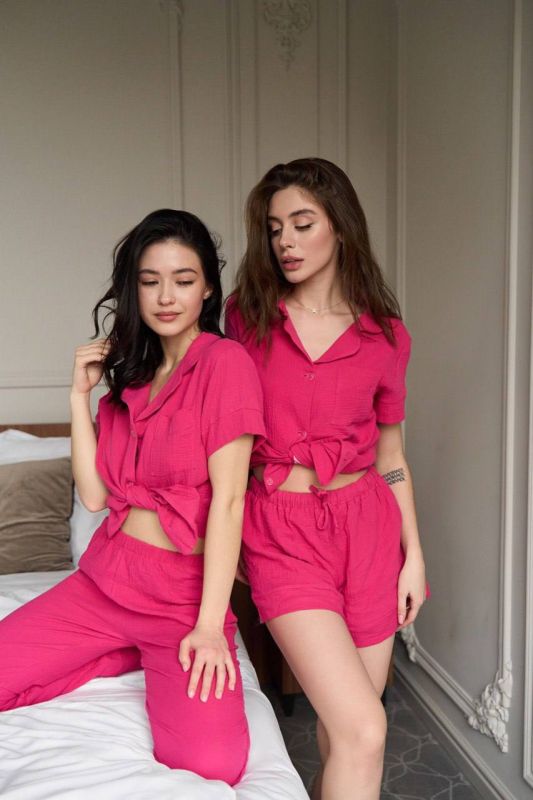 Муслінова піжама жіноча (сорочка, штани, шорти) 073-22 малина