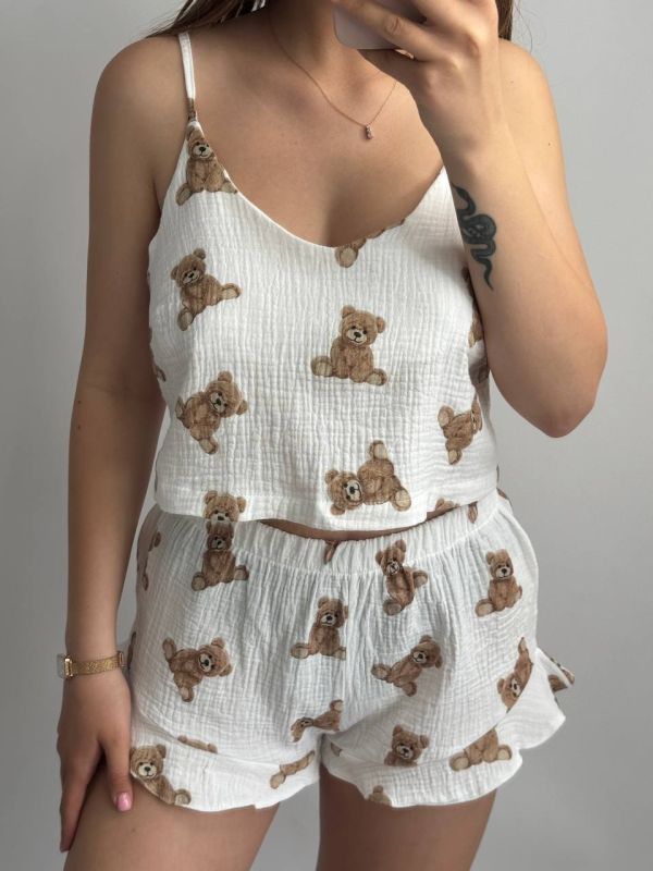 Муслінова піжама жіноча 051-211 в принт ведмедик