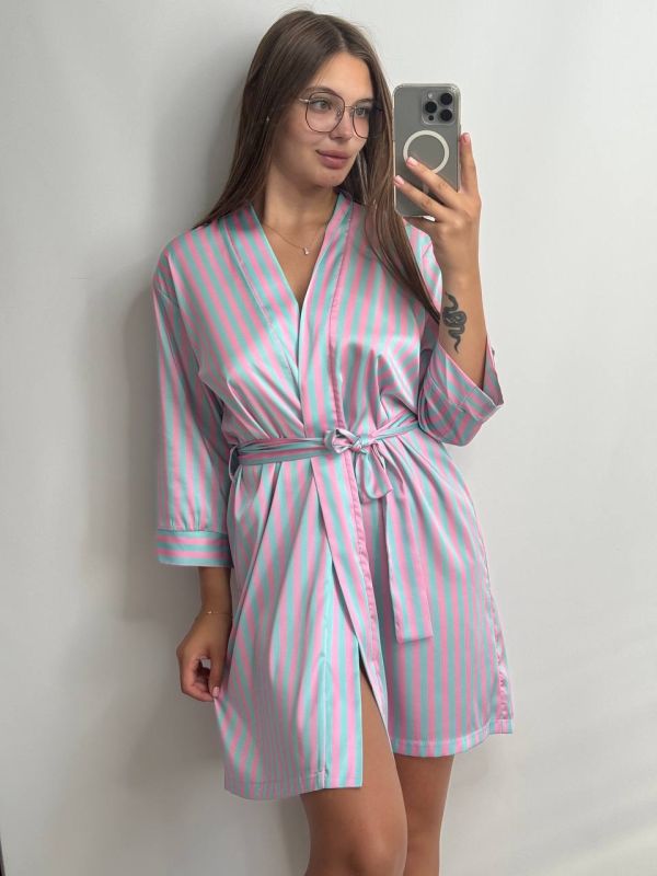 Сатиновий жіночий халат в смугастий принт 144-3 блакитно-рожевий