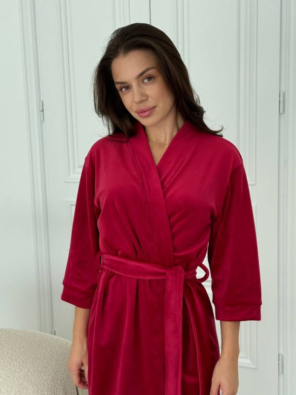Велюровий халат жіночий з поясом 008-211 вишневий
