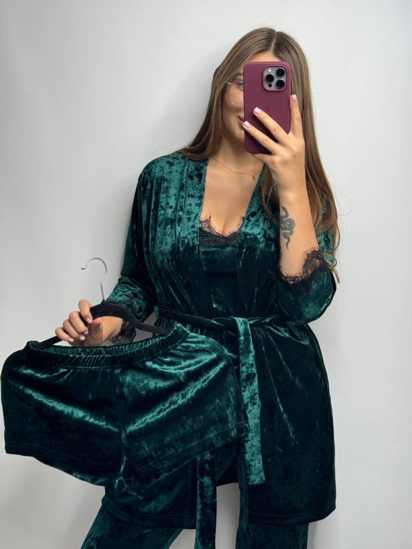 Жіночий піжамний комплект- четвірка з мармурового велюру 023-21 смарагд