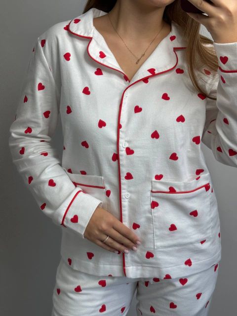 Фланелевий піжамний комплект (рубашка та штани) 239-24  білий в сердечко