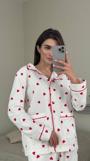 Фланелевий піжамний комплект (рубашка та штани) 239-24  білий в сердечко