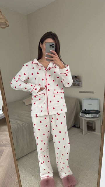 Фланелевий піжамний комплект (рубашка та штани) 239-24  білий в сердечко