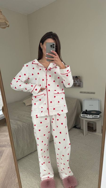 Фланелевий піжамний комплект (рубашка та штани) 239-24  білий в сердечко