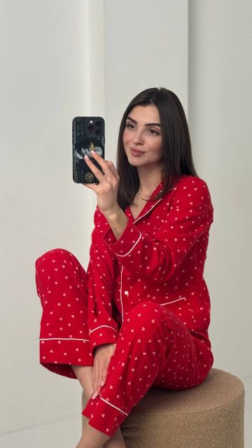 Фланелевий піжамний комплект (рубашка та штани) 239-24 червоний бк