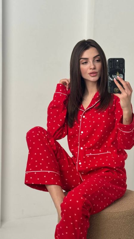 Фланелевий піжамний комплект (рубашка та штани) 239-24 червоний бк