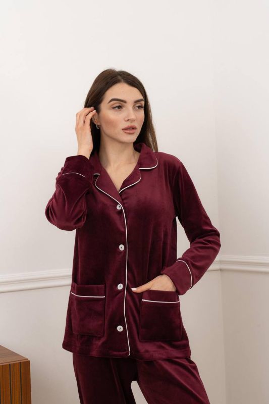 Велюрова піжама на ґудзиках жіноча 098-22-4 бургунді