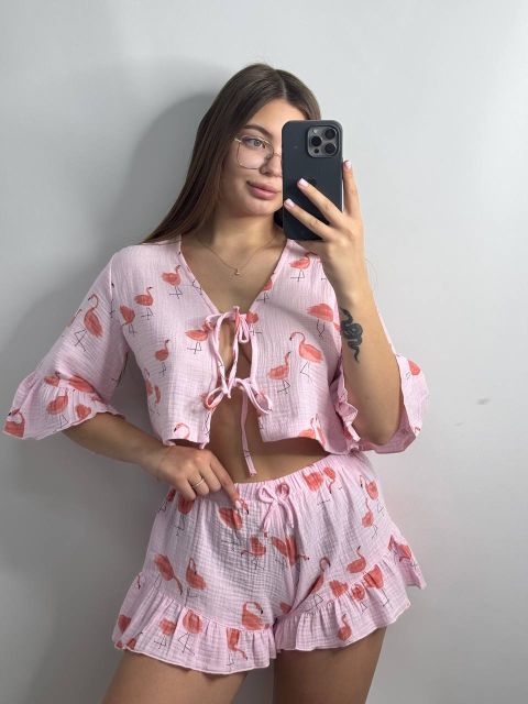 Мусліновий піжамний комплект для дому 233-24 фламінго