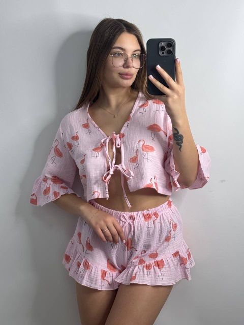 Мусліновий піжамний комплект для дому 233-24 фламінго