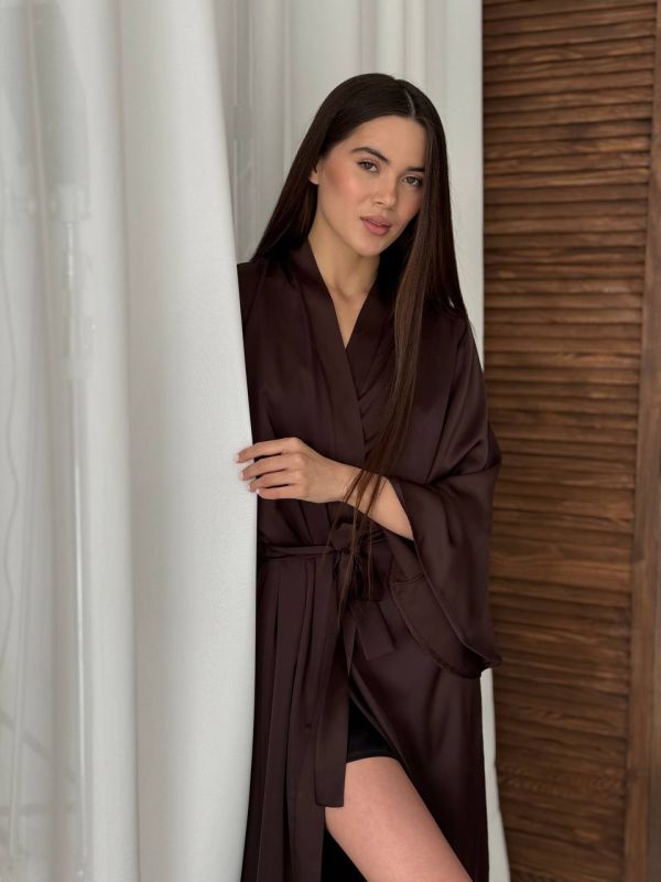 Довгий жіночий халат 257-25 з шовку брауні