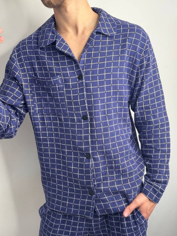 Муслінова чоловіча піжама 249-25 синій в клітинку