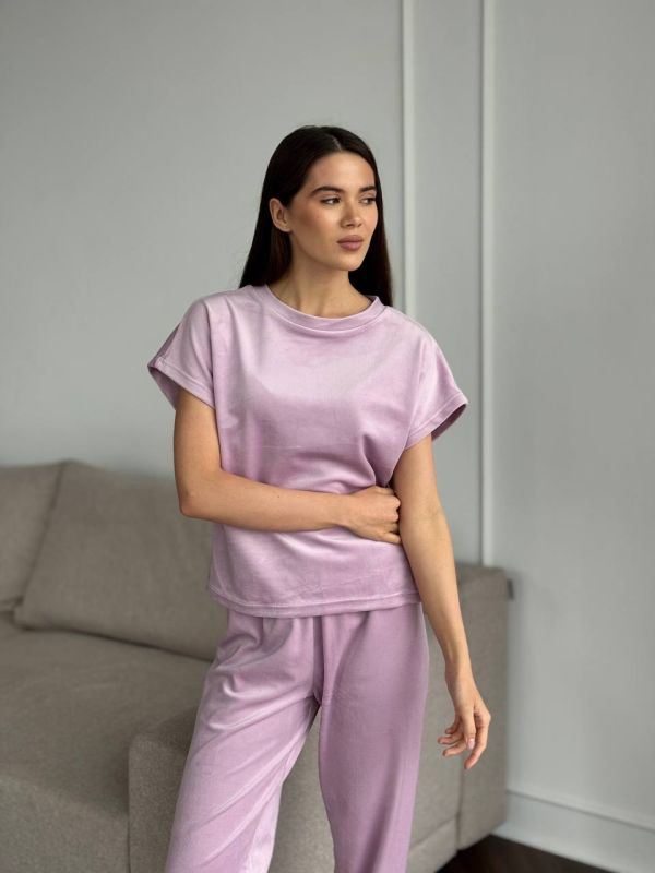Велюрова піжама жіноча трійка (футболка, шорти, штани) 145-232 пудра