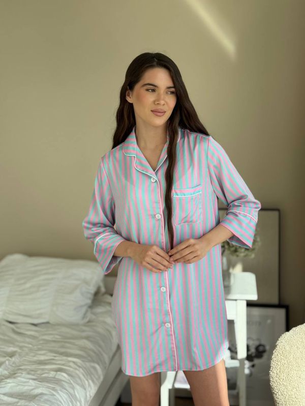 Подовжена шовкова сорочка  050-21-6 блакитно-рожева