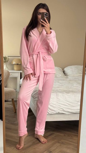 Жіночий домашній костюм велюровий (штани і кофта під пояс) 065-21 зефірний
