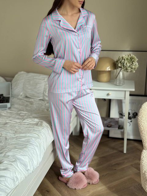 Піжама жіноча (сорочка та штани) сатинова 142-235 рожево-блакитна смужка