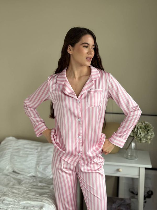 Піжама жіноча (сорочка та штани) сатинова 142-235 рожева смужка