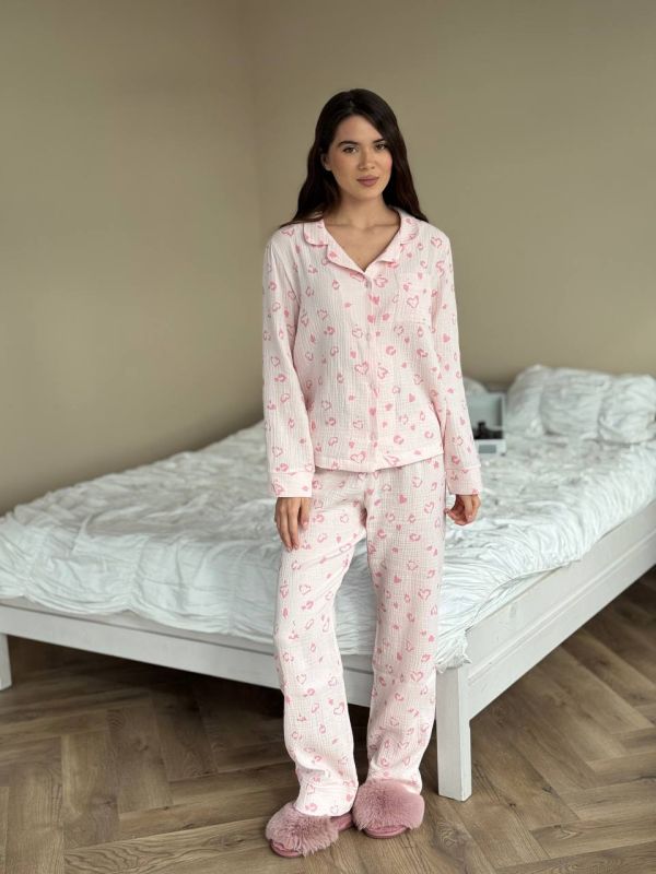 Жіночий піжамний комплект з мусліну 143-231 рожевий
