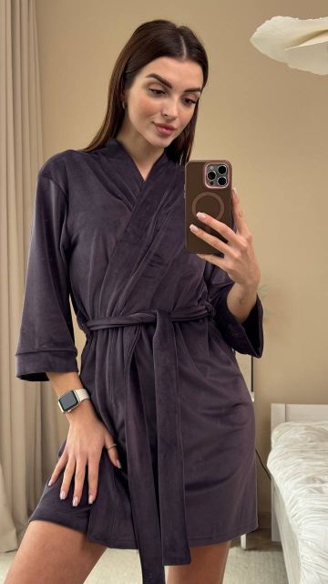 Велюровий халат жіночий з поясом 008-21-2 баклажан