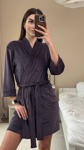 Велюровий халат жіночий з поясом 008-21-2 баклажан