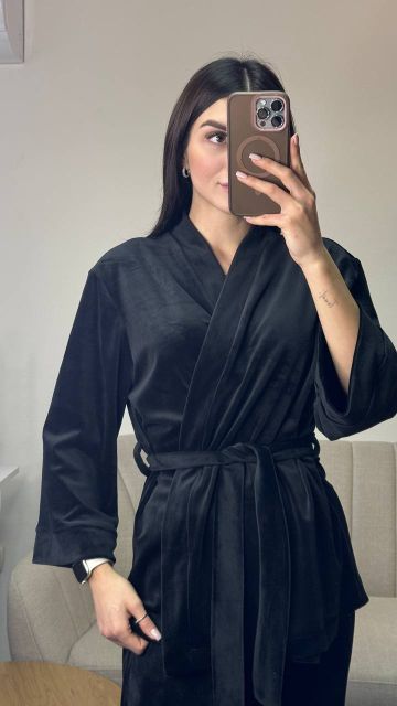 Жіночий велюровий костюм (двійка) для дому на запах 278-25 чорний