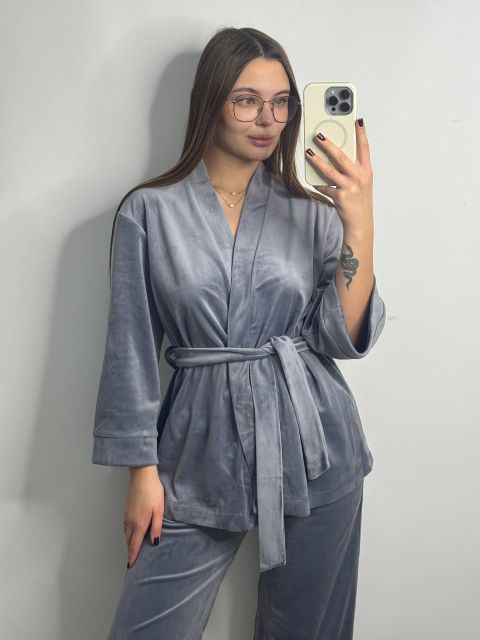Женский велюровый костюм (двойка) для дома на запах 278-25 серый