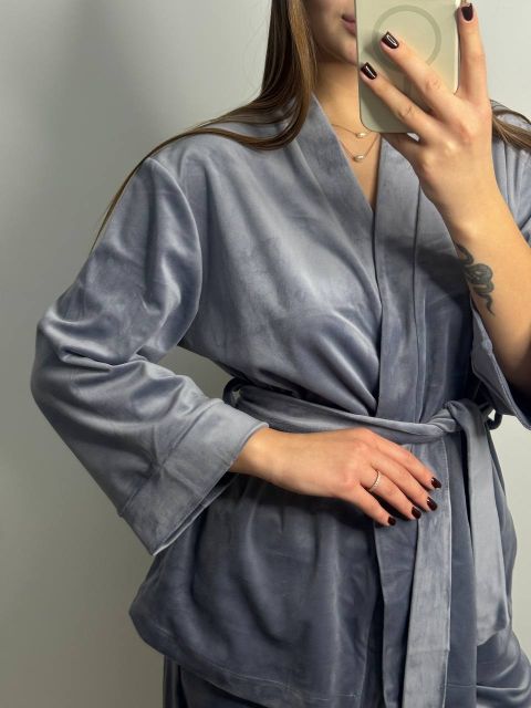 Женский велюровый костюм (двойка) для дома на запах 278-25 серый