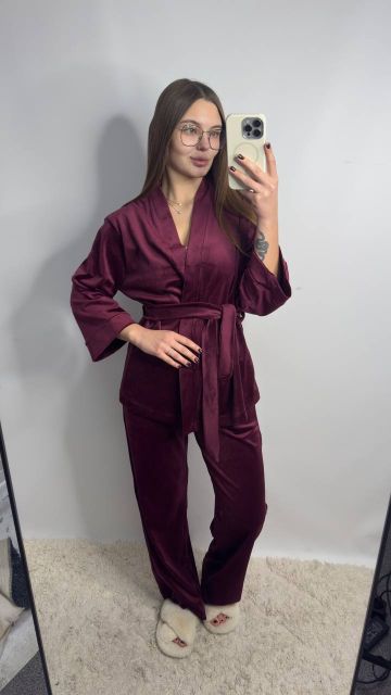 Женский велюровый костюм (двойка) для дома на запах 278-25 бордовая