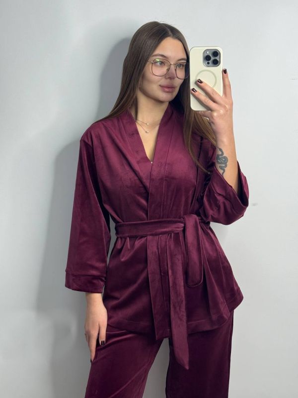Жіночий велюровий костюм (двійка) для дому на запах 278-25 бордова