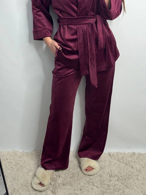Женский велюровый костюм (двойка) для дома на запах 278-25 бордовая