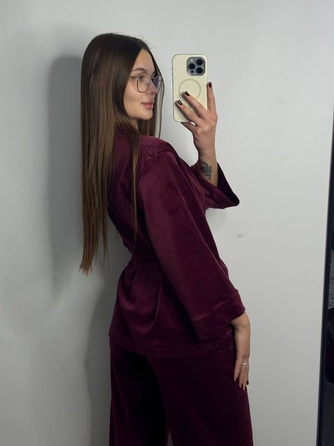 Женский велюровый костюм (двойка) для дома на запах 278-25 бордовая